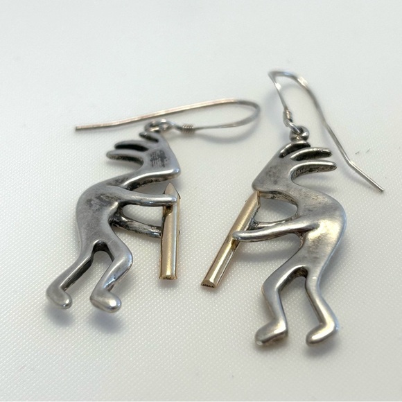 Vintage 925 Sterling Silver Gold Kokopelli Dangle Earrings - Picture 3 of 9